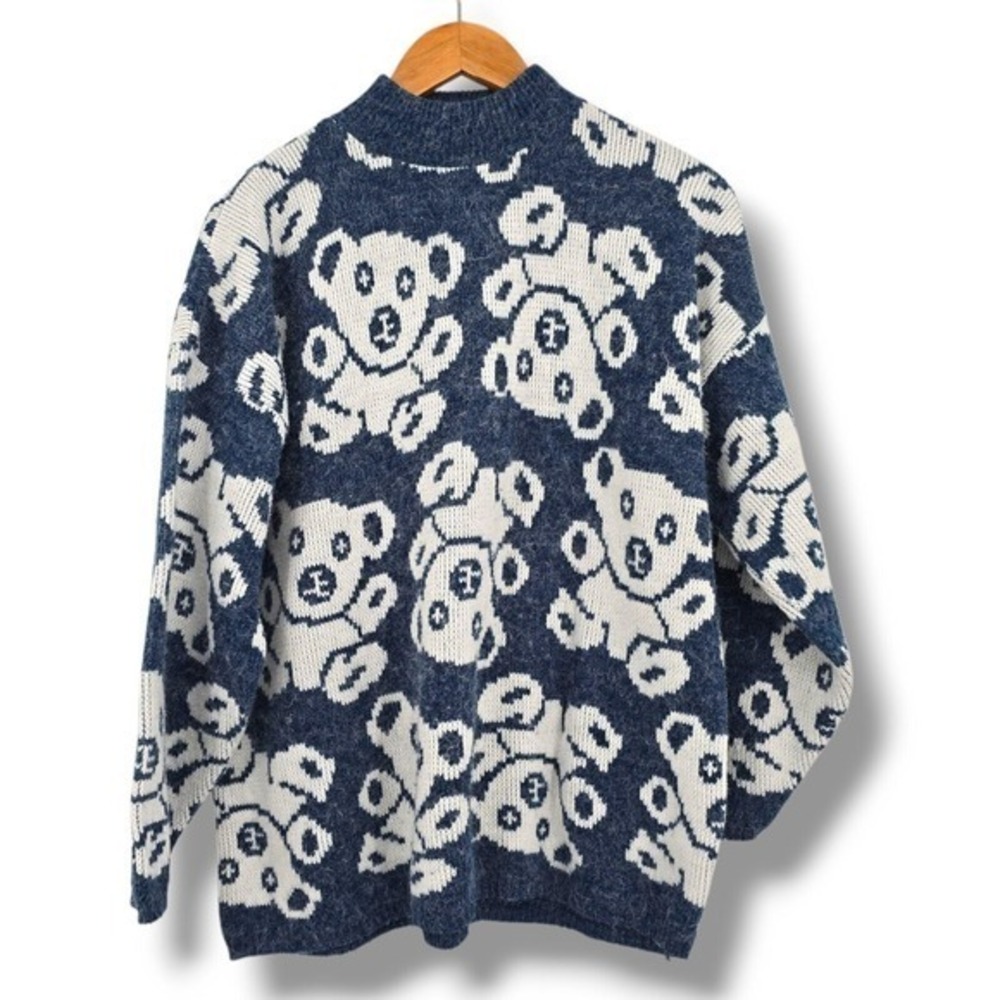 Needles & Yarn Fuzzy Vintage Teddy Bear Print‎ Mock Neck Knit Sweater Pullover